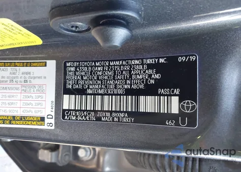 2019 Toyota C-Hr Le из США, поврежденный, VIN NMTKHMBX3KR101003